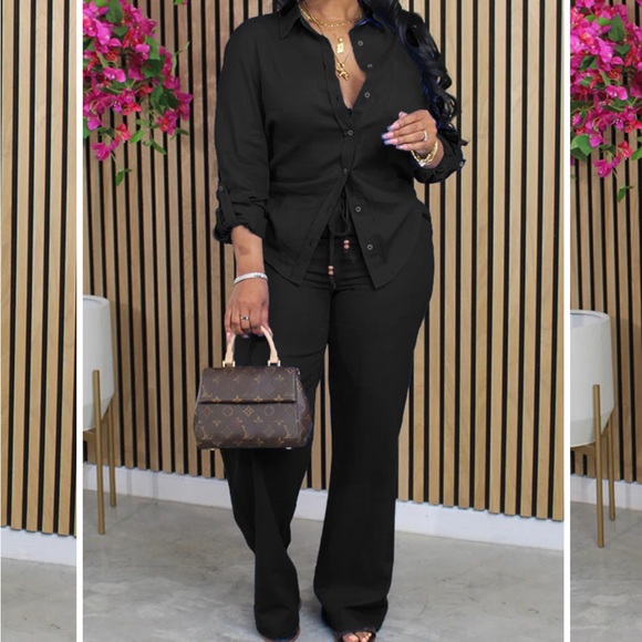 Black two piece pant set with button up shirt - Picture 1 of 2